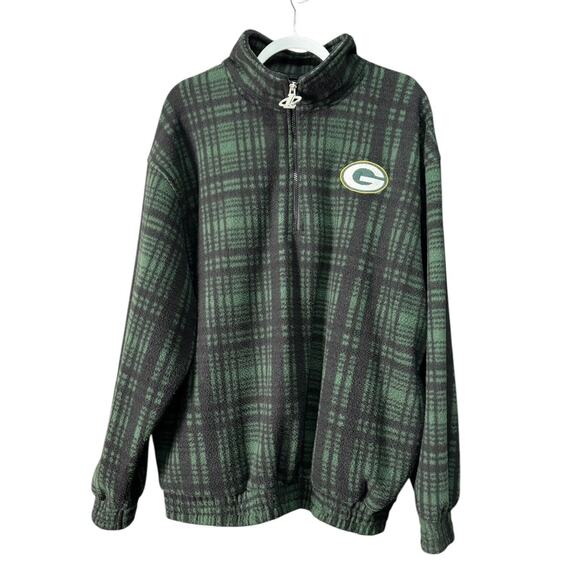Vtg Logo Athletic Green Bay Packers NFL Plaid Fleece Quarter Zip Pullover Sz L - Picture 1 of 10